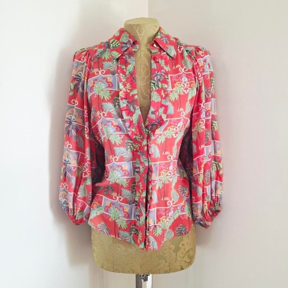 Emily Lovelock Tropical print blouse long sleeves boho‎ luxury preppy size 4-6